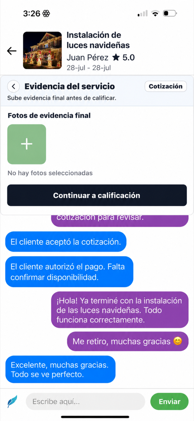 Pantalla real de chatroom y evidencia en Tasketers
