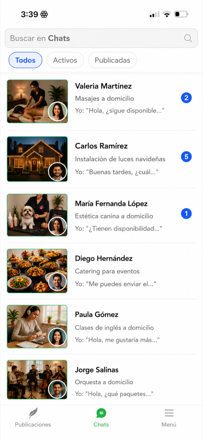 Pantalla real de lista de chats en Tasketers