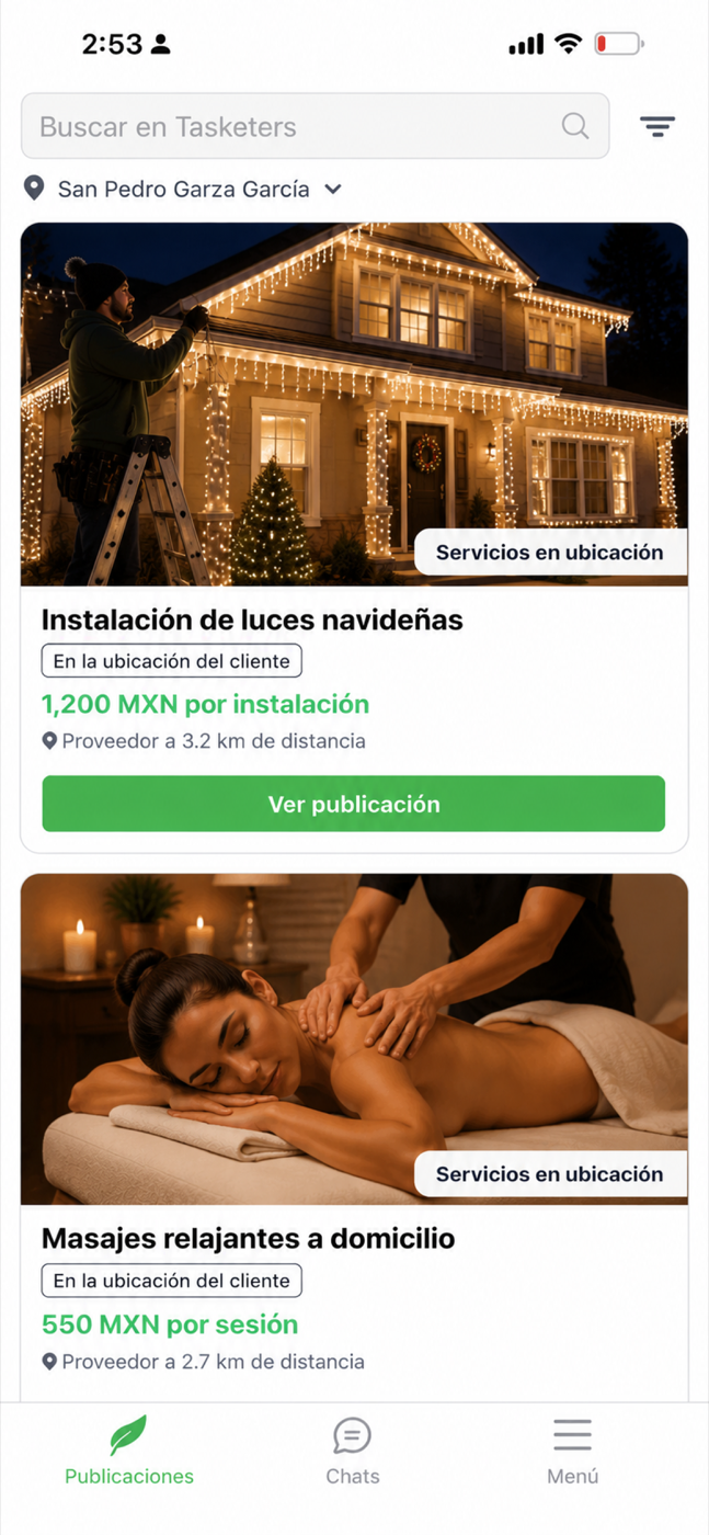 Pantalla real de publicaciones en Tasketers