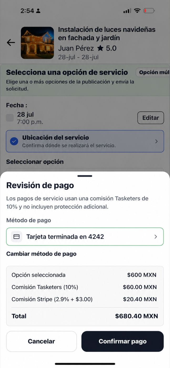 Pantalla real de revision de pago en Tasketers