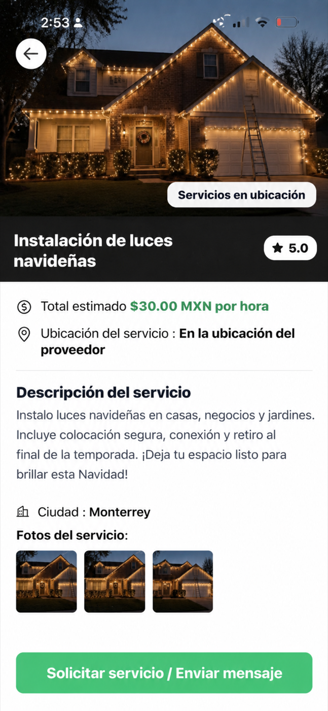 Pantalla real de detalle de servicio en Tasketers